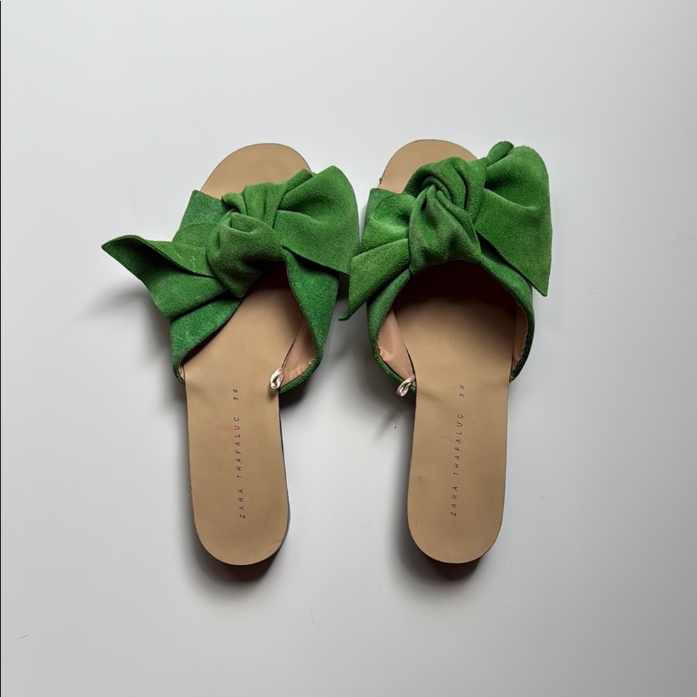 Zara Green Bow Sandals Minimalist Slide